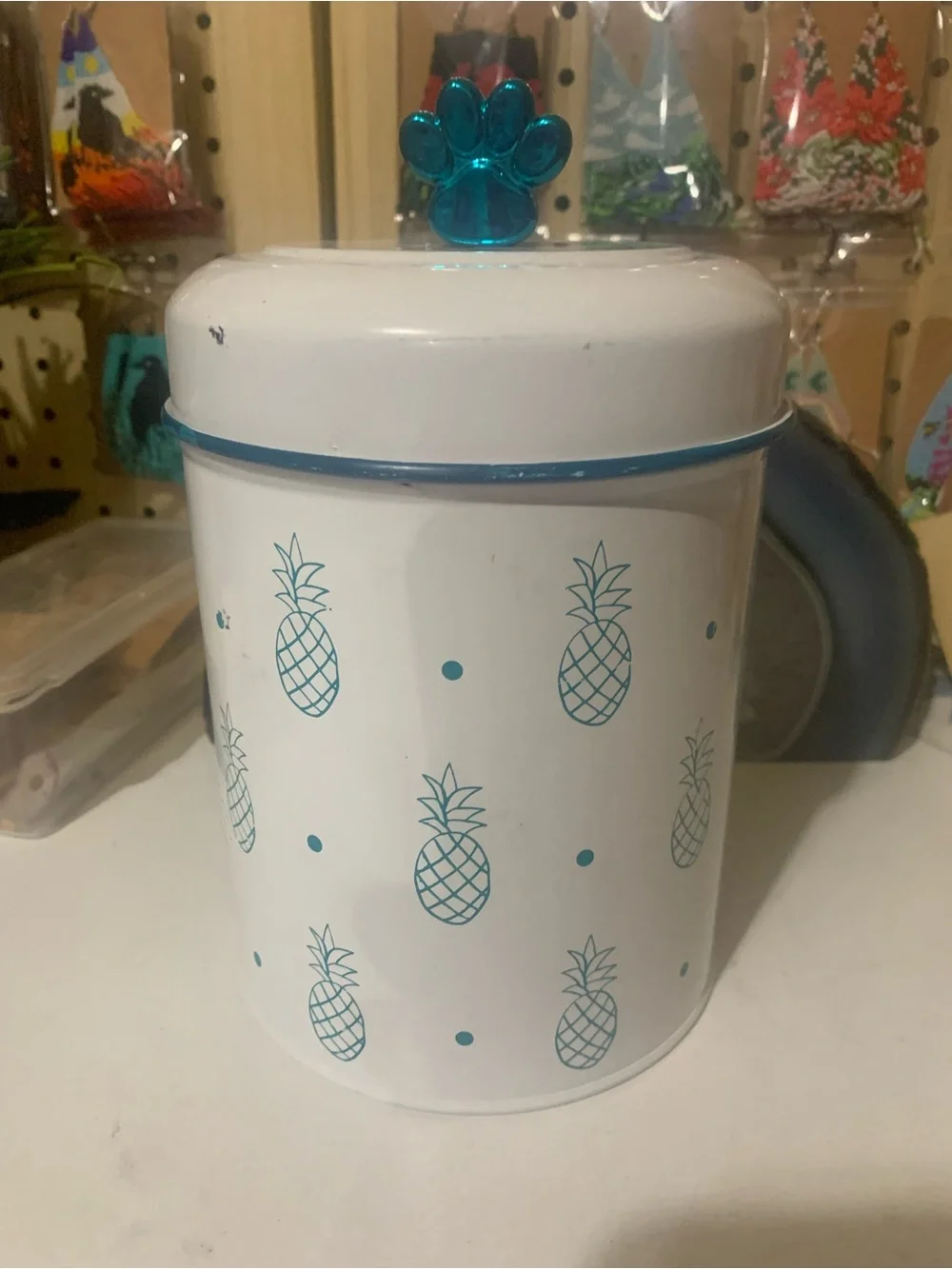 White & Teal pet Pineapple treat Canister with Paw-Top Lid